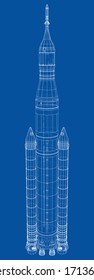 Space rocket concept outline. Vector rendering of 3d. Wire-frame style. The layers of visible and invisible lines are separated