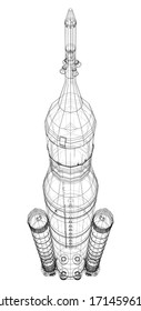 Space rocket concept outline. Vector rendering of 3d. Wire-frame style. The layers of visible and invisible lines are separated