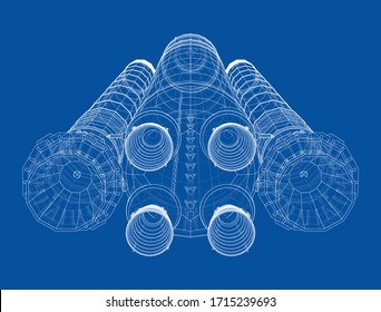 Space rocket concept outline. Vector rendering of 3d. Wire-frame style. The layers of visible and invisible lines are separated