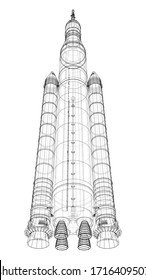 Space rocket concept outline. Vector rendering of 3d. Wire-frame style. The layers of visible and invisible lines are separated