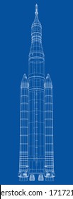 Esquema del concepto de cohete espacial. Representación vectorial de 3d. Estilo de marco de cables. Las capas de líneas visibles e invisibles están separadas