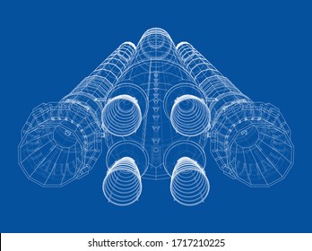 Space rocket concept outline. Vector rendering of 3d. Wire-frame style. The layers of visible and invisible lines are separated