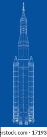 Space rocket concept outline. Vector rendering of 3d. Wire-frame style. The layers of visible and invisible lines are separated