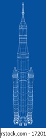 Space rocket concept outline. Vector rendering of 3d. Wire-frame style. The layers of visible and invisible lines are separated