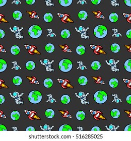 Space Rocket Cosmonaut and Planet Earth Seamless Pattern. Vector background