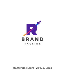 Foguete Espacial Cruza Letra R Logo Design. Foguete Voando Através Da Letra R Logo Design.