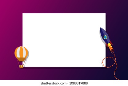 Space rocket in dark blue color soaring on the dark purple background with fire from its engine and orange hot air balloon with copy space for your text on the empty paper in the center