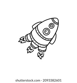 Space Rocket Doodle Vector Icon. Hand Drawn Spaceship With Two Windows Flying With Three Fire Engine. Line Black And White Kid Drawing, Space Rocketship Cartoon Illustration.