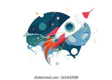 Space rocket from earth into space and flights among stars. Concept aircraft for science, expeditions and tourism. Vector illustration.