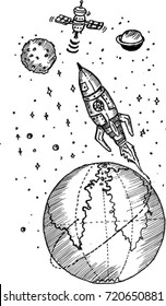 space, rocket, earth, sketch