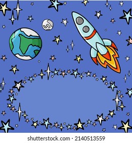 Space with rocket and Earth for wish card or book cover with sticker for your text.