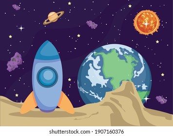 Space rocket earth world sun planet and asteroids of universe cosmos and futuristic theme Vector illustration