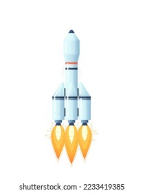 Space rocket with fire from the engine nozzles. Cargo rocket is in the vertical position with a flame. Vector illustration.