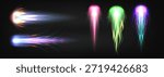 Space rocket fire trails set isolated on transparent background. Vector realistic illustration of neon light and smoke effect after jet missile flight, comet blast energy, spaceship launch speed