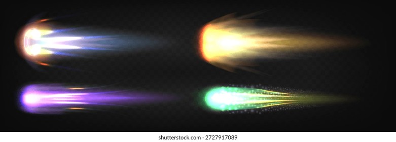 Conjunto de senderos de fuego de cohetes espaciales aislados sobre fondo transparente. Ilustración realista del Vector de la luz de neón y el efecto del humo después del vuelo del misil del jet, energía de la explosión del cometa, velocidad de lanzamiento de la nave espacial
