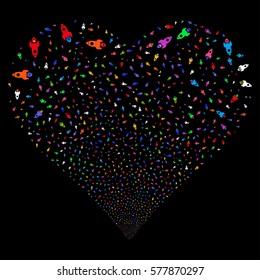 Space Rocket fireworks with heart shape. Vector illustration style is flat bright multicolored iconic symbols on a black background. Object salute created from random pictographs.