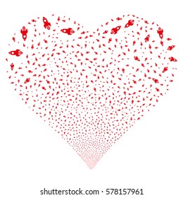 Space Rocket fireworks with heart shape. Vector illustration style is flat red iconic symbols on a white background. Object love heart combined from confetti design elements.