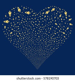 Space Rocket fireworks with heart shape. Vector illustration style is flat yellow iconic symbols on a blue background. Object salute done from scattered icons.