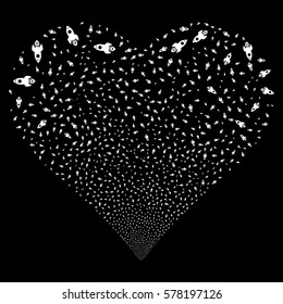 Space Rocket fireworks with heart shape. Vector illustration style is flat white iconic symbols on a black background. Object love heart created from random icons.
