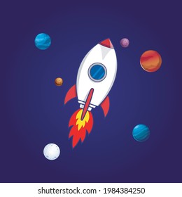Space rocket flat cartoon drawing.  Flat Cartoon Style Suitable for Web Landing Page, Banner, Sticker, Background