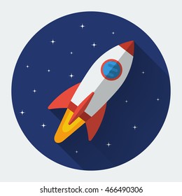  Space rocket flat icon with long shadow. Colored vector illustration.
