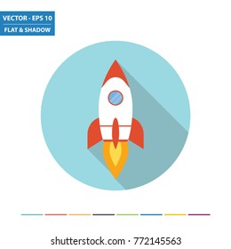 Space Rocket Flat Icon With Long Shadow. Vector Illustration.