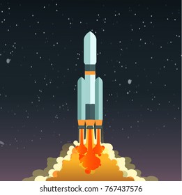 Space rocket flies against the background of the night starry sky. Space travel. Vector landscape.