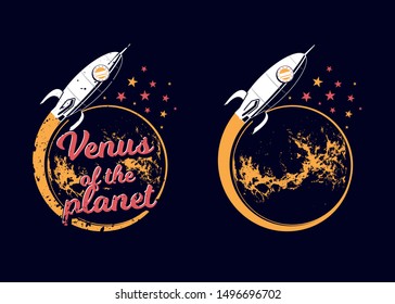 A space rocket flies around venus. Space emblem. Rocket icon on a dark background.