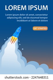 A space rocket flies high to the stars. Behind it is a fiery flame. Concept of start and success. Design for poster, banner, website. Cartoon vector illustration