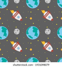 A space rocket flies near the earth and the moon on a gray background. Space exploration. Travel to space. Seamless vector illustration. Background.