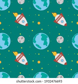 A space rocket flies near the earth and the moon on a green background. Space exploration. Travel to space. Seamless vector illustration. Background.