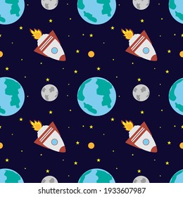 A space rocket flies near the earth and the moon on a dark blue background. Space exploration. Travel to space. Seamless vector illustration. Background.