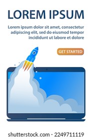 Space rocket flies out of the laptop screen. The concept of start, startup. Successful business and technology. Design for poster, banner, website. Cartoon vector illustration