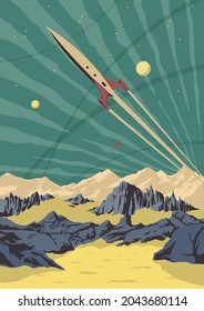 Space Rocket flies over the Surface of the Planet. Retro Future Style Space Illustration