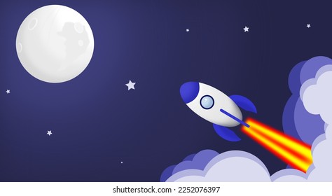 space rocket flies towards the moon, against the starry sky in the background