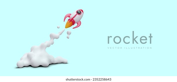 Space rocket flight. Start of new business, startup. Launch of pilot project. Toy 3D rocket emits fire and white cloud of smoke. Color concept for web design