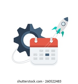 Space Rocket Flights over Calendar and Gear. Conceptual Vector Flat Illustration Depicting Regular Updates of Software or Application.