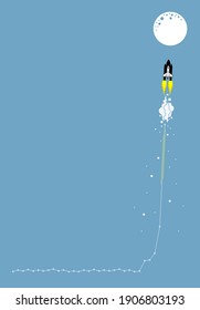 Space rocket fly to the moon, concept of stock market breakout and share surge up. Vector illustration of financial success, bullish trend, investment gain, volatile graph chart, and trading growth.