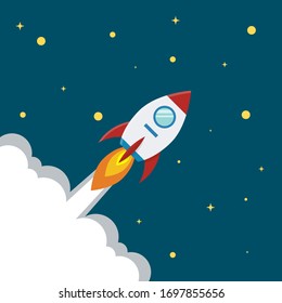 Space rocket flying among the stars. Illustration on dark blue background, space sky color with yellow stars. Flat style. Vector stock image
