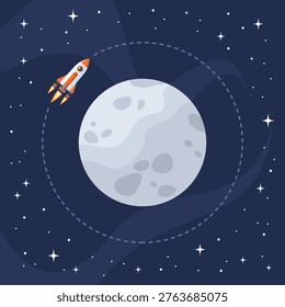 Space rocket flying around the Moon on the background of the starry universe, flat vector illustration