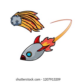 space rocket flying with asteroid