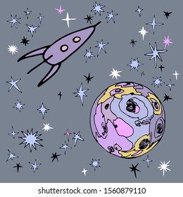 space rocket flying between stars and purple planet of solar system, black contour lines, vector illustration on grey background in hand drawn style