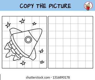 Space rocket flying. Copy the picture. Coloring book. Educational game for children. Cartoon vector illustration