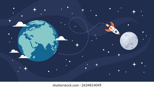 Space rocket flying from Earth to the Moon, vector illustration in flat style