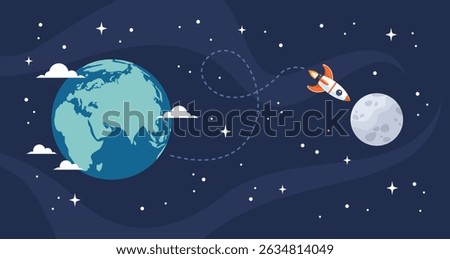 Space rocket flying from Earth to the Moon, vector illustration in flat style