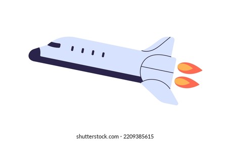 Space rocket flying with fire flame from engine. Spaceship, rocketship with booster travels. Spacecraft in cosmos. Business startup concept. Flat vector illustration isolated on white background