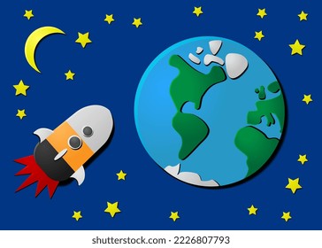 A space rocket is flying home - to the planet Earth against the background of space, stars and the moon, the rocket is returning home from a space trip!