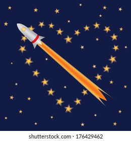 Space rocket flying into a heart constellation. Valentines day greeting card 