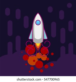 Space rocket flying up line icon on dark background.