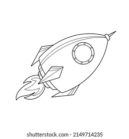 A space rocket is flying in space. Monochrome illustration on a white background in cartoon style, coloring book